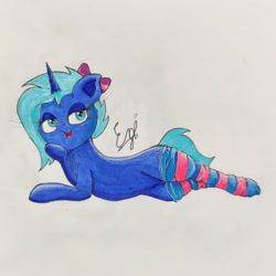 Size: 1386x1386 | Tagged: safe, artist:engi, derpibooru import, oc, oc only, oc:midnight ink, pony, unicorn, bedroom eyes, belly button, bow, clothes, eyeshadow, female, hair bow, horn, lying down, makeup, open mouth, socks, solo, striped socks, traditional art, unicorn oc