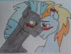 Size: 1057x807 | Tagged: safe, artist:tejedora, derpibooru import, lightning streak, thunderlane, pegasus, pony, blushing, bust, ear blush, gay, graph paper, lidded eyes, looking at each other, looking at someone, male, shipping, smiling, thunderstreak, traditional art