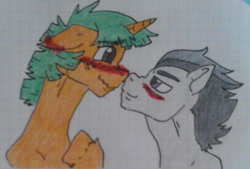 Size: 1149x779 | Tagged: safe, artist:tejedora, derpibooru import, rumble, snails, pegasus, pony, unicorn, blushing, bust, ear blush, ears, floppy ears, gay, graph paper, looking at each other, looking at someone, looking into each others eyes, male, older, older rumble, older snails, rumblesnails, smiling, stallion, traditional art, wavy mouth