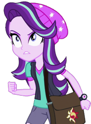 Size: 754x1024 | Tagged: safe, artist:fireluigi29, derpibooru import, edit, edited screencap, screencap, starlight glimmer, equestria girls, mirror magic, spoiler:eqg specials, background removed, bag, beanie, clothes, female, fist, glare, hat, not a vector, ripped pants, shirt, simple background, solo, sunset's bag, teeth, transparent background, vest, wristwatch