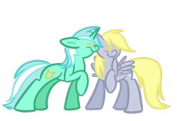 Size: 950x650 | Tagged: safe, artist:selective-yellow, derpibooru import, derpy hooves, lyra heartstrings, pegasus, pony, unicorn, blushing, ears, eyes closed, female, floppy ears, lesbian, lyraderp, mare, nuzzling, raised hoof, raised leg, shipping, simple background, smiling, transparent background