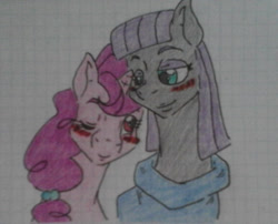 Size: 1119x903 | Tagged: safe, artist:tejedora, derpibooru import, maud pie, sugar belle, earth pony, pony, unicorn, blushing, bust, female, graph paper, height difference, lesbian, looking at each other, mare, maudbelle, one eye closed, smiling, smiling at each other, sugarmaud, traditional art