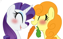 Size: 1038x653 | Tagged: safe, artist:faith-wolff, derpibooru import, carrot top, golden harvest, rarity, earth pony, pony, unicorn, blushing, bust, carrot, eyes closed, eyeshadow, female, food, grin, lesbian, makeup, mare, mouth hold, open mouth, open smile, rariharvest, shipping, simple background, smiling, transparent background