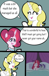 Size: 1100x1700 | Tagged: safe, artist:chelseawest, derpibooru import, oc, oc:gleaming grace, oc:glimmering shield, oc:mi amore rose heart, alicorn, pony, comic:dream meeting, alicorn oc, bed, butt, comic, dream, duo, duo female, female, gasp, horn, interdimensional siblings, mare, offspring, parent:oc:shimmering glow, parent:oc:silk tie, parent:princess flurry heart, parents:canon x oc, petalverse, pillow, plot, sleeping, startled, wings