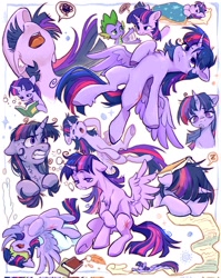 Size: 1632x2048 | Tagged: safe, artist:千雲九枭, derpibooru import, spike, twilight sparkle, twilight sparkle (alicorn), alicorn, dragon, pony, book, collage, depression, emotions, eyes closed, female, looking up, male, mare, pillow, quill, reading, sleeping, sleepy, sweat, sweatdrop, tired, tongue, tongue out, wings