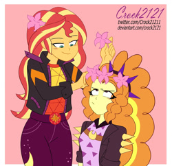 Size: 1280x1240 | Tagged: safe, artist:crock2121, derpibooru import, adagio dazzle, sunset shimmer, equestria girls, blushing, duo, duo female, female, flower, lesbian, shipping, simple background, smiling, sunsagio