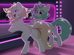 Size: 4096x3047 | Tagged: safe, alternate version, artist:kebchach, derpibooru import, oc, oc only, pony, unicorn, butt, duo, duo female, ear fluff, ears, female, high res, hooves, horn, leaning, leg fluff, mare, open mouth, open smile, plot, smiling, tail, unicorn oc