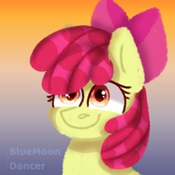 Size: 1640x1639 | Tagged: safe, artist:bluemoondancer_, derpibooru import, apple bloom, earth pony, pony, bust, female, filly, foal, portrait, smiling, solo