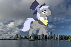 Size: 3200x2137 | Tagged: safe, artist:cloudyglow, artist:thegiantponyfan, derpibooru import, caesar, earth pony, pony, canada, count caesar, giant pony, giant/macro earth pony, hat, high res, highrise ponies, irl, macro, male, mega giant, monocle, photo, ponies in real life, smiling, stallion, story included, top hat, vancouver