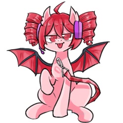 Size: 1200x1200 | Tagged: safe, artist:yukkuri_yu_yu, derpibooru import, bat pony, pony, bat wings, female, headphones, kasane teto, looking at you, mare, ponified, raised hoof, raised leg, simple background, sitting, solo, spread wings, teto, tongue, tongue out, vocaloid, white background, wings