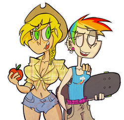 Size: 547x528 | Tagged: safe, artist:b-marble, derpibooru import, applejack, rainbow dash, human, apple, food, humanized, simple background, skateboard, transparent background