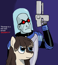 Size: 702x778 | Tagged: safe, artist:pantsuholocaust, derpibooru import, oc, oc:frosty flakes, human, pony, batman the animated series, crossover, dc comics, duo, female, gun, mare, mr. freeze, snowpony, snowpony (species), taiga pony, text, weapon, yakutian horse