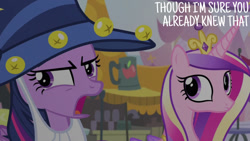 Size: 1280x720 | Tagged: safe, derpibooru import, edit, edited screencap, editor:quoterific, screencap, princess cadance, twilight sparkle, twilight sparkle (alicorn), alicorn, pony, season 4, three's a crowd, crown, duo, female, jewelry, mare, open mouth, regalia, star swirl the bearded costume, text