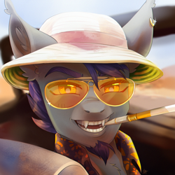 Size: 1500x1500 | Tagged: safe, artist:serodart, derpibooru import, oc, oc only, bat pony, bat ears, bat pony oc, car, cigarette, cigarette holder, clothes, commission, convertible, fangs, fear and loathing in las vegas, glasses, piercing, raoul duke, solo