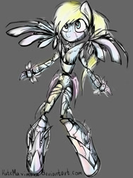 Size: 1500x2000 | Tagged: safe, artist:katemaximova, derpibooru import, anthro, pegasus, robot, gray background, simple background, solo, wings