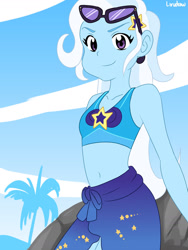 Size: 1280x1698 | Tagged: safe, artist:lirudraw, derpibooru import, trixie, better together, equestria girls, belly button, clothes, eyelashes, female, hairpin, midriff, solo, sunglasses, swimsuit