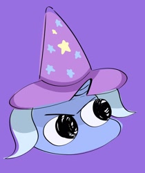 Size: 1724x2048 | Tagged: safe, artist:vanillabonnel, derpibooru import, trixie, pony, unicorn, clothes, female, hat, horn, mare, purple background, simple background, smiling friends, solo, trixie's hat