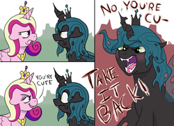 Size: 4928x3577 | Tagged: safe, artist:doodledonutart, derpibooru import, princess cadance, queen chrysalis, alicorn, changeling, changeling queen, pony, blushing, comic, crown, ears, female, floppy ears, frown, jewelry, looking at each other, looking at someone, open mouth, open smile, regalia, smiling, tsundalis, tsundere, yelling