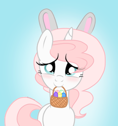 Size: 1280x1366 | Tagged: safe, artist:sugarcubecreationz, derpibooru import, oc, oc:sweetheart, pony, unicorn, animal costume, basket, bunny costume, bunny ears, clothes, costume, cute, easter, easter bunny, easter egg, holiday, horn, simple background, solo, unicorn oc