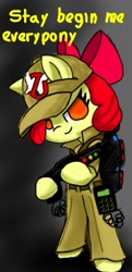 Size: 611x1262 | Tagged: safe, artist:arielsbx, derpibooru import, apple bloom, earth pony, pony, bipedal, clothes, female, filly, foal, ghostbusters, hat, pants, solo, weapon