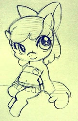 Size: 503x775 | Tagged: safe, artist:sechst_himmel, derpibooru import, apple bloom, earth pony, pony, clothes, female, filly, foal, sitting, sketch, solo, swimsuit, traditional art, two-piece swimsuit