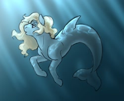 Size: 1280x1040 | Tagged: safe, artist:kudalyn, derpibooru import, oc, oc only, hippocampus, merpony, seapony (g4), crepuscular rays, digital art, dorsal fin, female, fish tail, flowing mane, mare, ocean, open mouth, solo, sunlight, swimming, tail, underwater, water, yellow mane