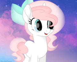 Size: 1280x1037 | Tagged: safe, artist:sugarcubecreationz, derpibooru import, oc, oc only, oc:sweetheart, pony, unicorn, my little pony: the movie, bow, cloud, complex background, hair bow, happy, horn, movie accurate, movie reference, open mouth, smiling, solo, unicorn oc