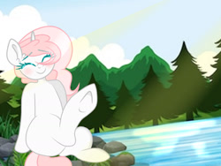 Size: 1280x960 | Tagged: safe, artist:sugarcubecreationz, derpibooru import, oc, oc only, oc:sweetheart, pony, unicorn, complex background, cute, forest, happy, horn, raised hoof, raised leg, river, rock, sitting, sunshine, unicorn oc, water