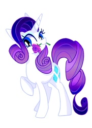 Size: 615x850 | Tagged: safe, artist:stacy_165cut, derpibooru import, rarity, pony, unicorn, female, flower, horn, mare, mouth hold, raised hoof, raised leg, rose, simple background, solo, white background