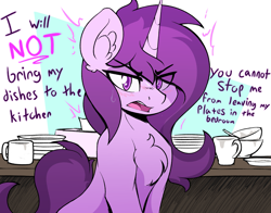 Size: 1857x1454 | Tagged: safe, artist:czu, derpibooru import, oc, oc only, oc:czupone, pony, unicorn, angry, blushing, chest fluff, dialogue, dishes, male, solo