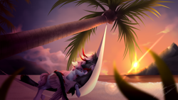 Size: 3960x2228 | Tagged: safe, artist:lunciakkk, derpibooru import, oc, oc:dollie, oc:dorian, beach, commission, couple, hammock, palm tree, scenery, sunset, sunshine, tree