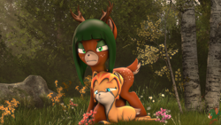 Size: 3840x2160 | Tagged: safe, artist:donglysfm, derpibooru import, oc, oc:fireberry, oc:tea tree, deer, 3d, 4k, antlers, deer oc, doe, fawn, female, flower, forest, high res, mother and child, mother and daughter, non-pony oc, parent and child, revamped ponies, source filmmaker, this will end in pain, tree