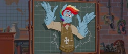 Size: 1888x792 | Tagged: safe, artist:lockandkeyhyena, derpibooru import, rainbow dash, anthro, pegasus, atlantis: the lost empire, bowtie, milo thatch, parody, scene parody, solo, style emulation, sweater vest, wing hands, wings