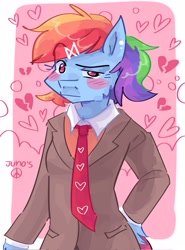 Size: 1519x2048 | Tagged: safe, artist:dmitrymemovznok, derpibooru import, rainbow dash, anthro, arm hooves, blushing, clothes, heart, heartbreak, jacket, looking at you, necktie, shirt, solo, tomboy, tsundere, unamused