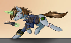 Size: 1942x1192 | Tagged: safe, artist:qwq2233, derpibooru import, oc, oc only, oc:littlepip, pony, unicorn, fallout equestria, abstract background, bandage, blood, clothes, female, glowing, glowing horn, gritted teeth, gun, handgun, horn, injured, jumpsuit, knife, levitation, little macintosh, magic, mare, pipbuck, revolver, running, side view, solo, teeth, telekinesis, unicorn oc, vault suit, weapon