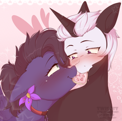 Size: 2251x2230 | Tagged: safe, artist:twisoft, derpibooru import, oc, oc only, oc:kennel nightshade, oc:s.leech, pegasus, unicorn, blushing, cookie, female, flower, flower in hair, food, mare, oc x oc, shipping