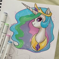 Size: 2048x2048 | Tagged: safe, artist:sugar.ghoulz, artist:sugarghoulz, derpibooru import, princess celestia, alicorn, pony, bust, crown, eyeshadow, female, jewelry, lidded eyes, makeup, mare, peytral, regalia, smiling, solo, traditional art