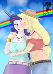 Size: 1240x1754 | Tagged: safe, artist:wolfjarl, derpibooru import, applejack, rarity, equestria girls, applerack, breasts, embrace, eyes closed, female, geode of shielding, geode of super strength, human coloration, kiss on the cheek, kissing, lesbian, magical geodes, one eye closed, open mouth, open smile, pride, pride month, rainbow, rarijack, raritits, shipping, smiling