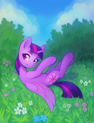 Size: 2000x2600 | Tagged: safe, artist:asimos, derpibooru import, twilight sparkle, twilight sparkle (alicorn), alicorn, pony, cute, female, flower, high res, lying down, mare, on back, solo, spread wings, twiabetes, wings