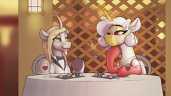 Size: 3840x2160 | Tagged: safe, artist:cocaine, derpibooru import, oc, oc:caelicus dawnus, oc:princess coke, alicorn, pony, zebra, alcohol, alicorn oc, beard, blushing, bowtie, button-up shirt, chair, chopsticks, clothes, curly hair, curly mane, curved horn, date, dinner, dress, ear fluff, ear piercing, earring, ears, eye contact, facial hair, female, food, glass, horn, jewelry, levitation, long mane, looking at each other, looking at someone, magic, magic aura, male, necklace, piercing, plate, raised hooves, restaurant, striped horn, stripes, sushi, table, tablecloth, talking, telekinesis, tuxedo, wine, wine glass, wings, zebra alicorn
