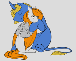 Size: 3729x2993 | Tagged: safe, artist:flashnoteart, derpibooru import, oc, oc only, oc:feather river, oc:flashnote, pegasus, unicorn, eyes closed, female, folded wings, hug, male, oc x oc, shipping, sitting, wings