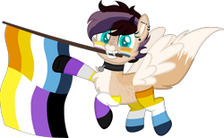 Size: 1466x904 | Tagged: safe, artist:yeetmedownthestairs, derpibooru import, oc, oc only, oc:rose, cat, cat pony, original species, pegasus, pony, areo-ace, areo-ace pride flag, chest fluff, clothes, coat markings, collar, commission, ear piercing, earring, face paint, fangs, freckles, grin, horns, jewelry, mouth hold, multicolored hair, nonbinary, nonbinary pride flag, piercing, pride, pride flag, pride month, simple background, smiling, socks, solo, striped socks, transparent background, ych result