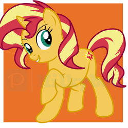 Size: 5072x5096 | Tagged: safe, artist:milkyboo898, derpibooru import, sunset shimmer, pony, unicorn, absurd resolution, female, grin, hooves, horn, mare, orange background, raised hoof, raised leg, simple background, smiling, solo, standing, tail, two toned mane, two toned tail, watermark