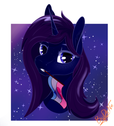 Size: 2052x2264 | Tagged: safe, artist:bydena, derpibooru import, oc, alicorn, pony, avatar, bisexual pride flag, blue eyes, bust, female, headshot commission, horn, pride, pride flag, pride month, purple hair