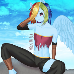 Size: 1280x1280 | Tagged: safe, artist:wraith148, derpibooru import, part of a set, rainbow dash, anthro, pegasus, abs, belly, clothes, dungeons and dragons, fantasy class, gloves, hair over one eye, long gloves, pen and paper rpg, rogue, rpg, solo, spread legs, spread wings, spreading, wings
