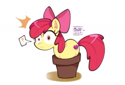 Size: 1992x1356 | Tagged: safe, artist:aceslingerexo, derpibooru import, apple bloom, earth pony, pony, emanata, female, filly, foal, plant pot, question mark, shocked, simple background, solo, white background, wide eyes