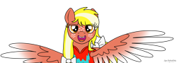 Size: 4744x1692 | Tagged: safe, artist:lynnthenerdkitty, derpibooru import, oc, oc only, pegasus, pony, anonymous, bow, clothes, colored wings, commission, eye clipping through hair, eyebrows, eyebrows visible through hair, hair bow, high res, looking at you, open mouth, open smile, pegasus oc, shirt, simple background, smiling, smiling at you, spread wings, tail, tail bow, transparent background, wings