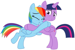 Size: 1741x1162 | Tagged: safe, artist:katnekobase, artist:twilyisbestpone, derpibooru import, rainbow dash, twilight sparkle, twilight sparkle (alicorn), alicorn, pegasus, pony, base used, cute, dashabetes, duo, duo female, eyes closed, female, hug, lesbian, mare, shipping, simple background, smiling, transparent background, twiabetes, twidash