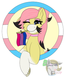 Size: 937x1099 | Tagged: safe, artist:gray star, derpibooru import, oc, oc only, oc:sunny side(gray star), earth pony, pony, bisexual pride flag, choker, clothes, female, headphones, headset, microphone, pride, pride flag, trans female, transgender, transgender oc, transgender pride flag, ych example, your character here