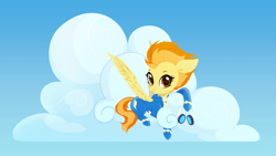 Size: 4800x2700 | Tagged: safe, artist:belka-sempai, derpibooru import, spitfire, pegasus, pony, clothes, cloud, cute, cutefire, eyebrows, female, goggles, high res, looking at you, lying down, lying on a cloud, mare, on a cloud, prone, sky, smiling, smiling at you, solo, spread wings, uniform, wings, wonderbolts uniform